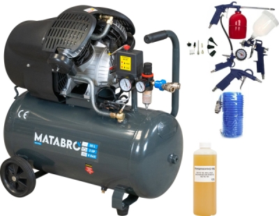 AKČNÍ SET SETMB-K106, Olejový kompresor 50l, 230V s odlučovačem a příslušenstvím | 3500W | Matabro