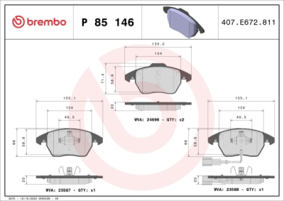 Sada brzdových destiček, kotoučová brzda BREMBO P 85 146