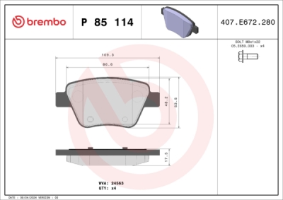 Sada brzdových destiček, kotoučová brzda BREMBO P 85 114