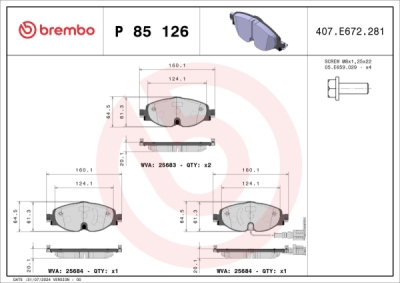 Sada brzdových destiček, kotoučová brzda BREMBO P 85 126X