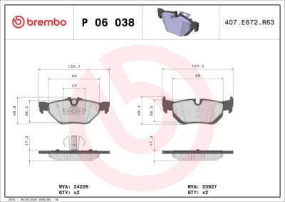 Sada brzdových destiček, kotoučová brzda BREMBO P 06 038