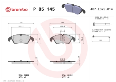 Sada brzdových destiček, kotoučová brzda BREMBO P 85 145