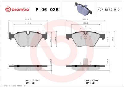 Sada brzdových destiček, kotoučová brzda BREMBO P 06 036