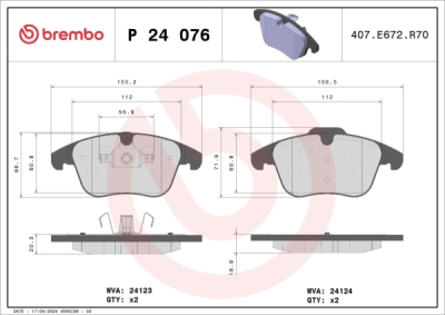 Sada brzdových destiček, kotoučová brzda BREMBO P 24 076