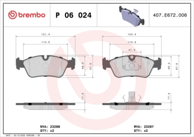 Sada brzdových destiček, kotoučová brzda BREMBO P 06 024