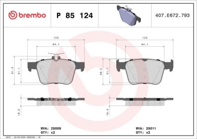Sada brzdových destiček, kotoučová brzda BREMBO P 85 124