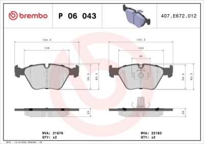 Sada brzdových destiček, kotoučová brzda BREMBO P 06 043