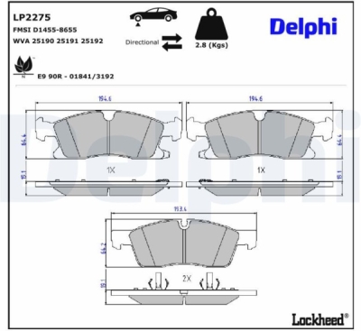Sada brzdových destiček, kotoučová brzda DELPHI LP2275