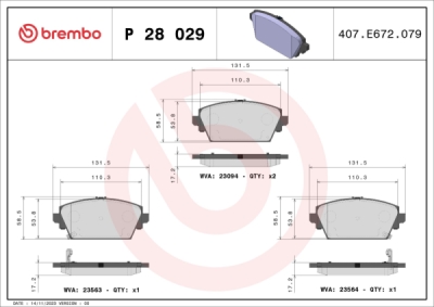 Sada brzdových destiček, kotoučová brzda BREMBO P 28 029