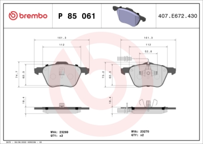 Sada brzdových destiček, kotoučová brzda BREMBO P 85 061