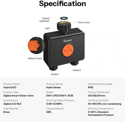 SONOFF SWV-ZF2E Hydro DUO Zigbee chytrý dvoukanálový vodní ventil s průtokoměrem