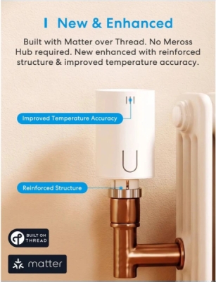 Meross MTS155 Chytrá Termostatická Hlavice na Radiátor, Matter over Thread (EU verze)