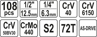 Gola sada 1/2", 1/4" + příslušenství 108 ks Yato YT-38791