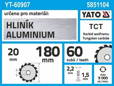 Kotúč na hliník 180 x 20 mm 60z Yato YT-60907