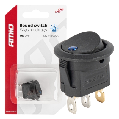 Slēdzis apaļš ON-OFF, 2 pozīcijas 12V 20A, zila LED indikācija AMIO 03963