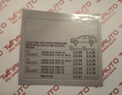 Uzlīme (riepu spiediena normas) AUDI Q7 07-09 OE VAG 4L0010502A
