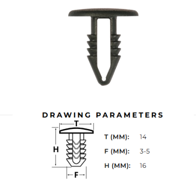 Stiprinājuma poga 3mm / 5mm Melns T: 14 F: 3-5 H: 16 (eglīte) AutoClips AC-13A