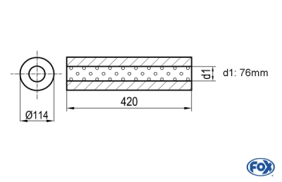 Uni-Schalldämpfer rund ohne Stutzen - Abwicklung 355 Ø 114mm, d1Ø 76mm, Länge: 420mm - mit perforiertem Rohr Variante 2