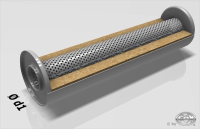 Uni-Schalldämpfer rund ohne Stutzen - Abwicklung 355 Ø 114mm, d1Ø 70mm, Länge: 420mm - mit perforiertem Rohr Variante 2