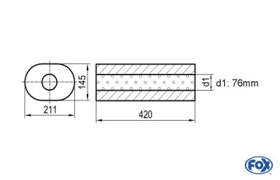 Uni-Schalldämpfer oval ohne Stutzen - Abwicklung 585 211x145mm, d1Ø 76mm, Länge: 420mm - mit perforiertem Rohr Variante 2