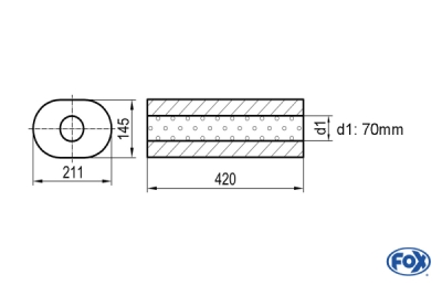 Uni-Schalldämpfer oval ohne Stutzen - Abwicklung 585 211x145mm, d1Ø 70mm, Länge: 420mm - mit perforiertem Rohr Variante 2