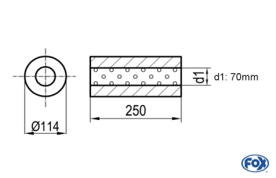 Uni-Schalldämpfer rund ohne Stutzen - Abwicklung 355 Ø 114mm, d1Ø 70mm, Länge: 250mm - mit perforiertem Rohr Variante 2