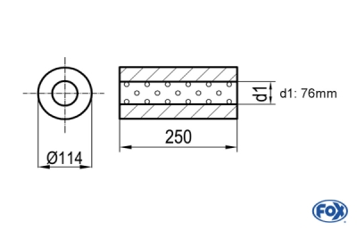 Uni-Schalldämpfer rund ohne Stutzen - Abwicklung 355 Ø 114mm, d1Ø 76mm, Länge: 250mm - mit perforiertem Rohr Variante 2