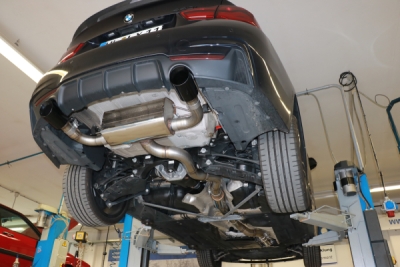 BMW F36 - 440i xDrive Grand Coupe - M-Paket Endschalldämpfer quer Ausgang rechts/links - 1x100 Typ 25 rechts/links schwarz emalliert - mit Abgasklappe im linken Endrohr FOX BM160035-293S