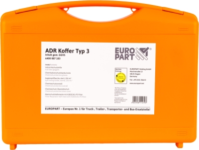 Trusa ADR Tip 3 Continut: masca, filtru masca, ochelari protectie, flacon ptr. clatirea ochilor, manusi PVC, echipament protectie lejer, protectie incaltaminte (din cauciuc)
