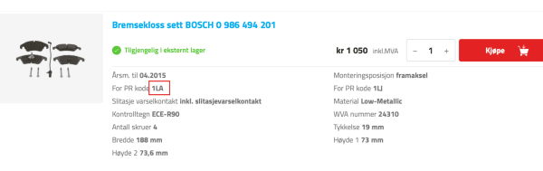 PR-kode 1LA (for forbremsene)