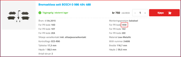 PR-kode 1KW (for bakbremsene)