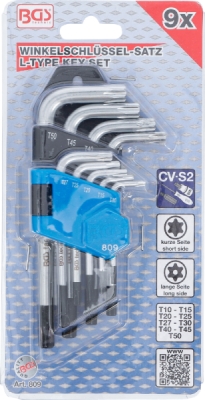 BGS 809, Sada zahnutých klíčů | krátké | T-profil (pro Torx) s otvorem T10 - T50 | 9dílná