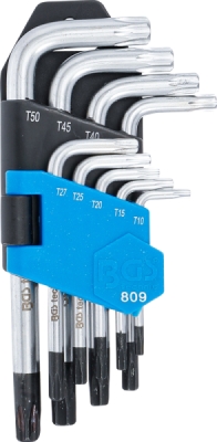 BGS 809, Sada zahnutých klíčů | krátké | T-profil (pro Torx) s otvorem T10 - T50 | 9dílná