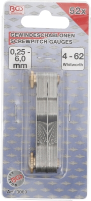BGS 3069, Dvojitá závitová měrka, 52 lístků | metrická 0,25 - 6,0 mm, Whitworth 4G - 62G