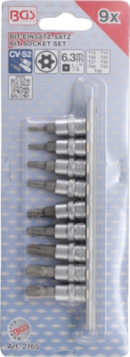 BGS 2165, Sada nástrčných hlavic | 6,3 mm (1/4") | T-profil (pro Torx) s otvorem T10 - T50 | 9dílná