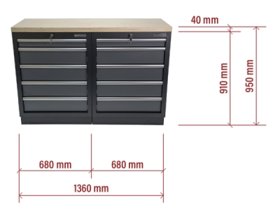 AKČNÍ SET Dílenské skříňky MB-TGC1305 s dřevěnou pracovní deskou MB-TGW53