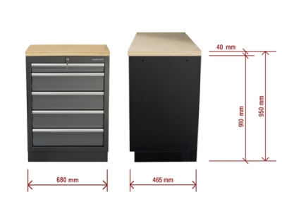 Matabro SET-CA01060, Dílenská skříňka s dřevěnou pracovní deskou | 5 šuplíků | 680x465x950 mm