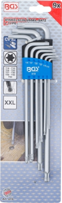 BGS 819, Sada zahnutých klíčů | extra dlouhé | T-profil (pro Torx) s kulovou hlavou | T10 - T50 | 9dílná