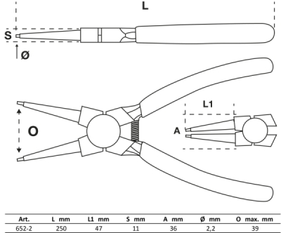 BGS 652-2, Kleště na rozpěrné kroužky | rovné | pro vnitřní rozpěrné kroužky | 250 mm