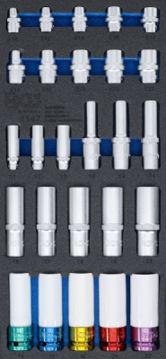 BGS 4147, Vložka do dílenského vozíku 1/3: nástrčná šestihranná hlavice, hloubka 11 - 22 mm | E-profil E10 - E22 | 6,3 mm (1/4"), 10 mm (3/8"), 12,5 mm (1/2") | 26dílná