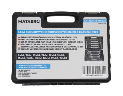 Matabro MB-WRE02, Sada očkoplochých ráčnových klíčů s kloubem | 8-22 mm | 12 ks