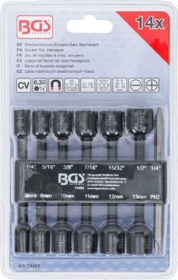 BGS 74423, Sada nástrčných šestihranných hlavic | pohon vnější šestihran 6,3 mm (1/4") | pro vrtačky | 1/4 - 1/2", 6 - 13 mm | 14dílná