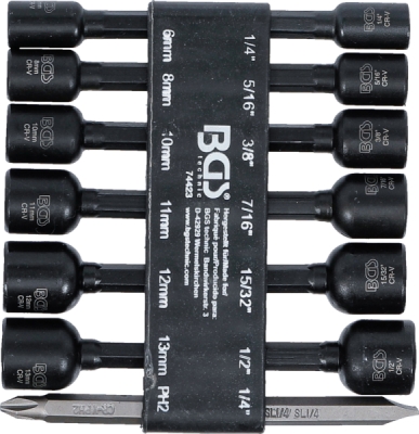 BGS 74423, Sada nástrčných šestihranných hlavic | pohon vnější šestihran 6,3 mm (1/4") | pro vrtačky | 1/4 - 1/2", 6 - 13 mm | 14dílná