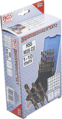 BGS 9297, Sada spirálových vrtáků | HSS-G M35 kobaltová ocel | 1 - 10 mm | 19dílná