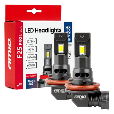 Amio 04721 LED žárovky hlavního svícení Série F25 PRO BLACK FULL CANBUS H8 H9 H11 H16 68W 12V 24V