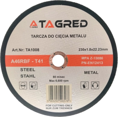 Kotouč na řezání kovů a oceli 230 x 22,2 x 1,8 mm, Tagred TA1008