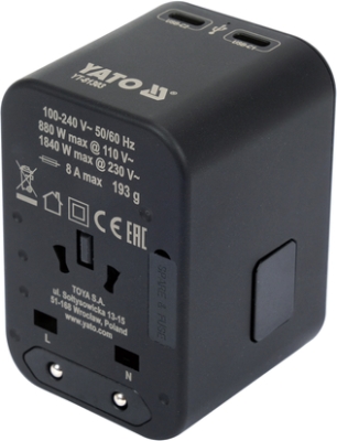 Yato YT-81303 Univerzální cestovní adaptér pro více než 150 zemí, USB-C PD 65 W