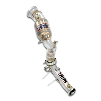 Pravý downpipe s metalickým pre-katem (nahrazuje 2. katalyzátor a OPF) s přirubami pro senzory Supersprint 725321
