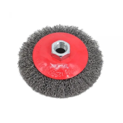Kūginis vielinis šepetys kampiniam šlifuokliui AWTools AW55127 (125 mm, M14)