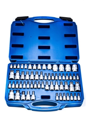 Profesionalių TORX, E-TORX ir TORX PLUS galvučių bei antgalių rinkinys SATRA S-ST60B (1/4", 3/8", 1/2" / 60 vnt.)